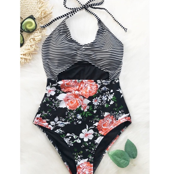 floral and striped bathing suit